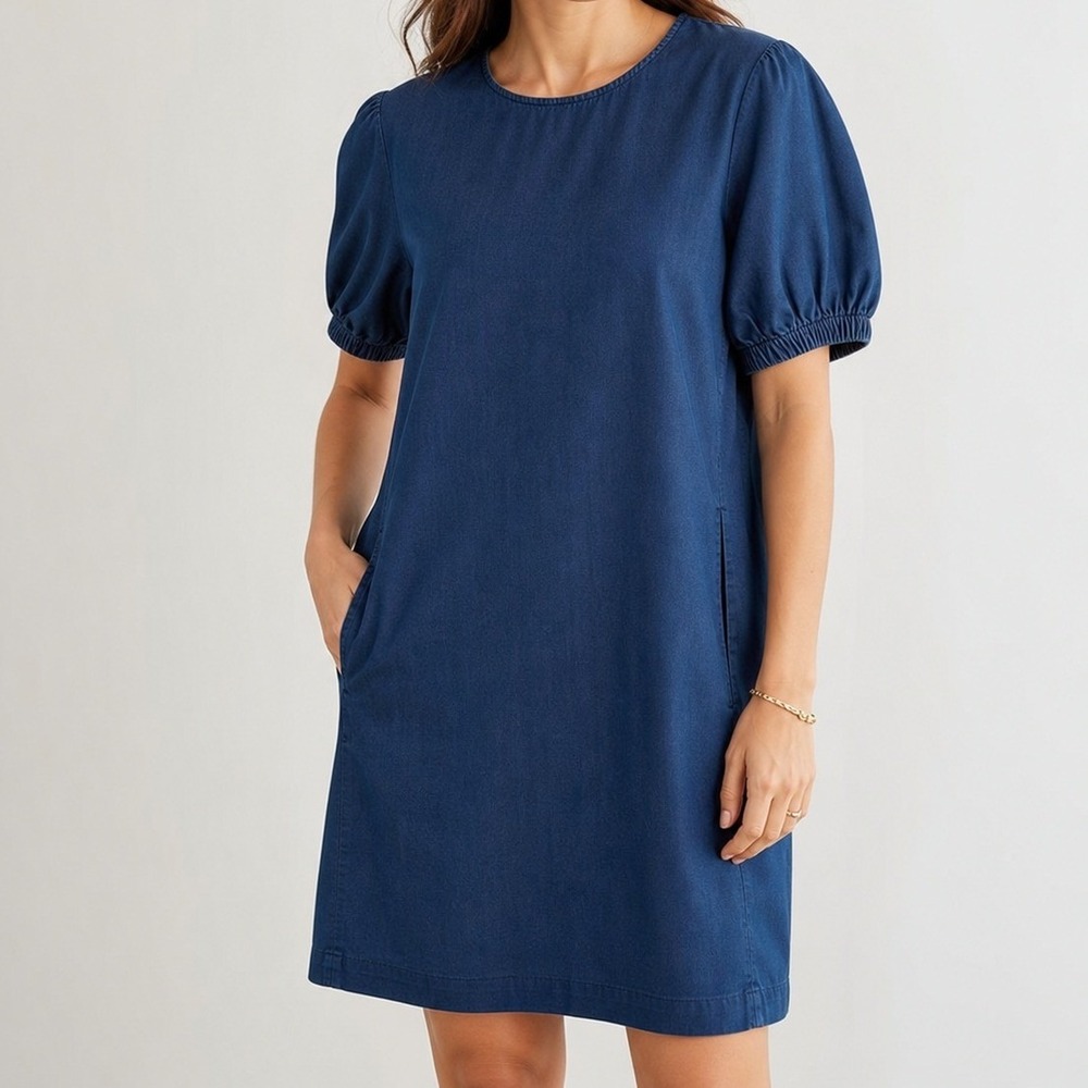 COS‎ Chambray Denim Shift Mini Dress US 4 Puff Sleeve Cotton Casual Pockets Blue